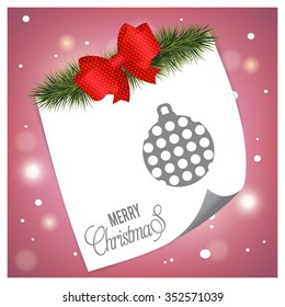 Vintage card with Christmas balls. christmas tree fir & Ribbon banner with page curl background