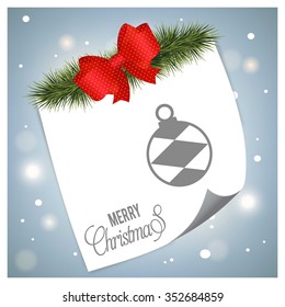 Vintage card with Christmas balls. vector illustration. ribbon banner and christmas tree fir with page curl card on snow Blue background