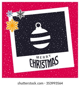 Vintage card with Christmas balls. vector illustration. photo frame with Snowflake border and creative typography in footer on glowing Vector background