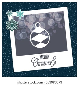 Vintage card with Christmas balls. vector illustration. photo frame with Snowflake border and creative typography in footer on glowing Vector background