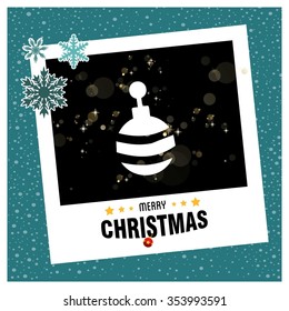 Vintage card with Christmas balls. vector illustration. photo frame with Snowflake border and creative typography in footer on glowing Vector background