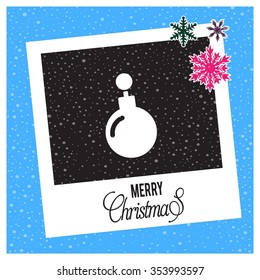 Vintage card with Christmas balls. vector illustration. photo frame with Snowflake border and creative typography in footer on glowing Vector background