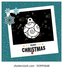 Vintage card with Christmas balls. vector illustration. photo frame with Snowflake border and creative typography in footer on glowing Vector background