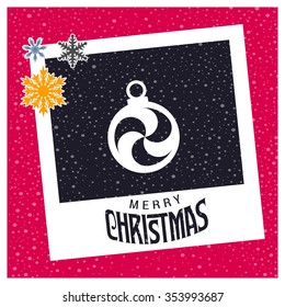 Vintage card with Christmas balls. vector illustration. photo frame with Snowflake border and creative typography in footer on glowing Vector background