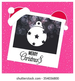 Vintage card with Christmas balls. vector illustration. photo frame with Santa Claus Hat and creative typography in footer on glowing Vector background
