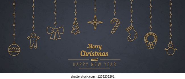 Vintage card with Christmas elements. Beautiful hanging Christmas decorations with wishes - card. Vector set of snowflakes. New Year background.