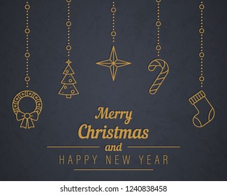 Vintage card with Christmas elements. Beautiful hanging Christmas decorations with wishes - card. Vector set of snowflakes. New Year background.