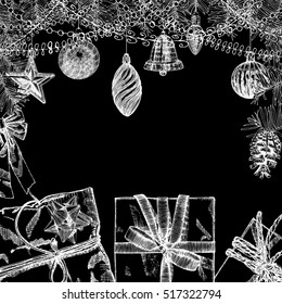 Vintage card. Christmas frame with toys and decorations. Black and white. Christmas and New Year invitation vector.