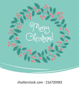 Vintage card with Christmas wreath. Vector illustration.