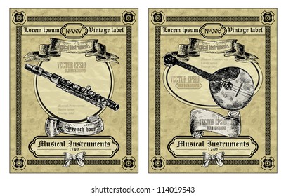 vintage card classical instruments. flute and Mandalina. Vintage Musical Instruments vector illustrations, pack