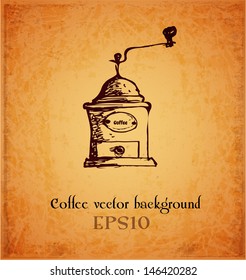 Vintage card with coffee mill and place for your text. Vector illustration.