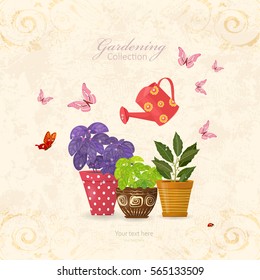 vintage card with collection of delicious herbs planted in ethnic flowerpots and watering can on grunge texture