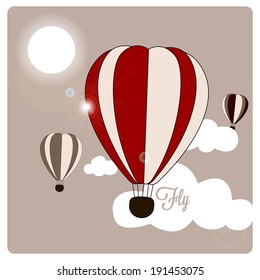 vintage card, colored hot air balloons that fly over the clouds during a spring sunny day