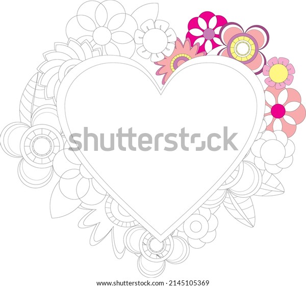 Vintage card with coloring vector heart flowers on white\
background. Design element. Vintage, retro design. Modern design.\
Holiday background. White wall. Greeting card. Decorative template\
frame. 