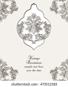 Vintage Card Cover with Baroque ornament engraving floral pattern. Vector Retro Antique style Acanthus foliage. Decorative filigree texture