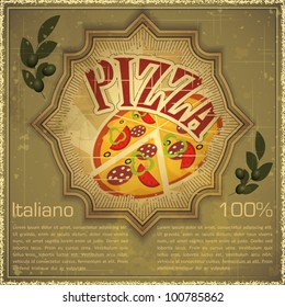 Vintage card - Cover menu - Pizza on grunge Background, Vintage style - vector illustration