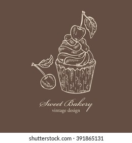 Vintage card with cupcake  with cherry , hand drawn, 