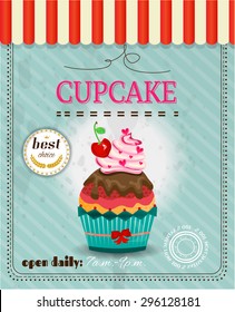 Vintage card with cupcake with red cherry with green leaf, red bow, small, pink hearts, whipped cream, chocolate, blue, striped background with awning, text, retro design