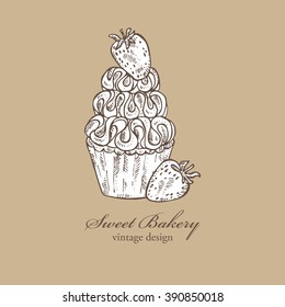 Vintage card with cupcake and strawberry, hand drawn