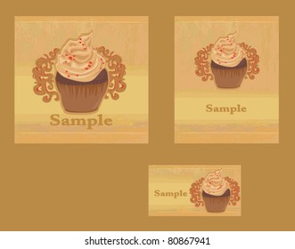 Vintage card with cupcake - vector set