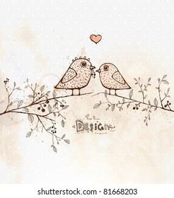 Vintage card with cute birds on the tree. Love