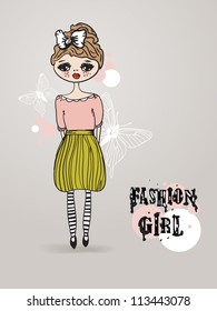 Vintage card with cute hand drawn  girl on pastel background