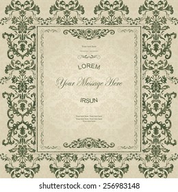 vintage card with damask background and elegant floral elements