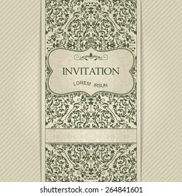 vintage card with damask background and elegant floral elements