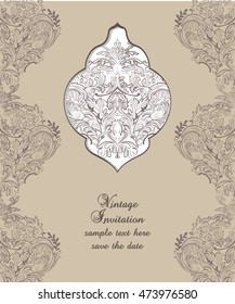 Vintage Card Damask Baroque ornament engraving floral pattern. Vector Retro Antique style Acanthus foliage. Decorative filigree texture 