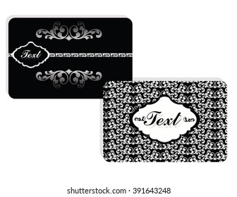 Vintage card with damask ornament pattern. Black and white color. Vector