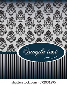 Vintage card with damask ornament pattern. Dark Blue and black color. Vector