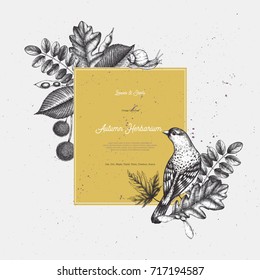 Vintage card design with bird. Hand drawn leaves and seeds illustration. Vector autumn template. Wedding invitation. 