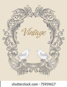 vintage card design with a bold frame with two little birds