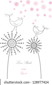 vintage card design with floral motives and two birds in love isolated on white background