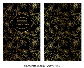 Vintage card design with gold floral pattern on the dark background. Blossom flowers for you personal cover. Dark theme with gold lines for invitation. Vector illustration.