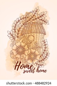 Vintage card design for greeting card, invitation, poster, scrapbook. Cute doodle Floral Bird House. Hand drawn in vector with home, sweet home lettering.