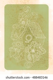 Vintage card design for greeting card, invitation, poster, scrapbook. Cute doodle Floral Bird House. Hand drawn in vector.