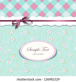 Vintage card design with roses, decorative ribbon and bow.