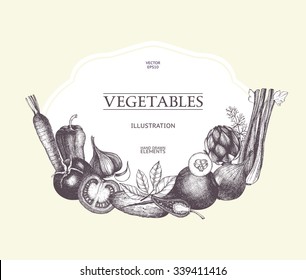 Vintage card design with vector inking vegetables and spice sketch. Healthy food retro frame for menu. Vegetables template, detox program