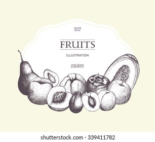 Vintage card design with vector inking fruits sketch. Healthy food retro frame for menu. Fruits template, detox program