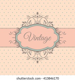 Vintage card design or wedding card with beige, pink, blue and turquoise background with polka dots