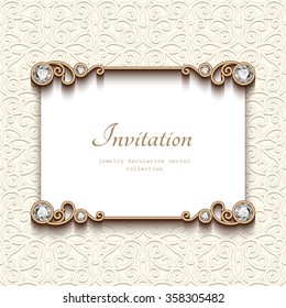 Vintage card with diamond jewelry decoration, elegant wedding invitation or announcement template, eps10 vector illustration