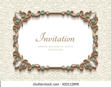 Vintage card with diamond jewelry decoration, gold rectangle frame, elegant wedding invitation or announcement template, eps10 vector illustration