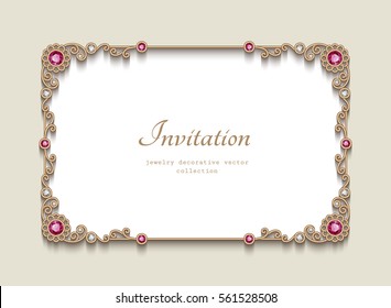 Vintage card with diamond jewelry decoration, gold rectangle frame, elegant wedding invitation or announcement template, eps10 vector illustration