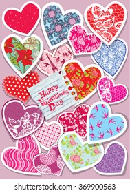 Vintage card with  different colors and ornaments paper hearts - Background for Valentines Day design.