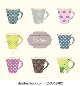 Vintage card with different tea cups. Vector illustration.