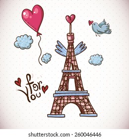 Vintage Card with Eiffel Tower, Heart, Bird and Balloons, Vector Hand Drawn Illustration