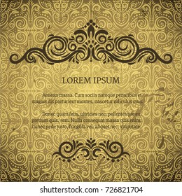 Vintage card with elegant classic FRAME, calligraphic elegant frame, elegant vignette, wedding invitation, diploma design etc. Damask golden-brown grunge background.