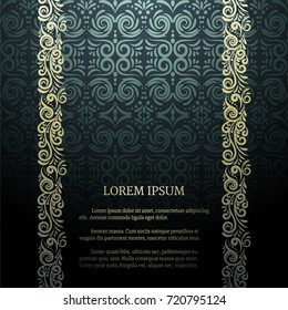 Vintage card with elegant decoration, calligraphic vertical borders, elegant vignette, wedding invitation, diploma design etc. Damask ornamental blue background.