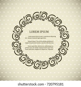 Vintage card with elegant decoration, calligraphic round frame design, elegant vignette, wedding invitation, diploma design etc.